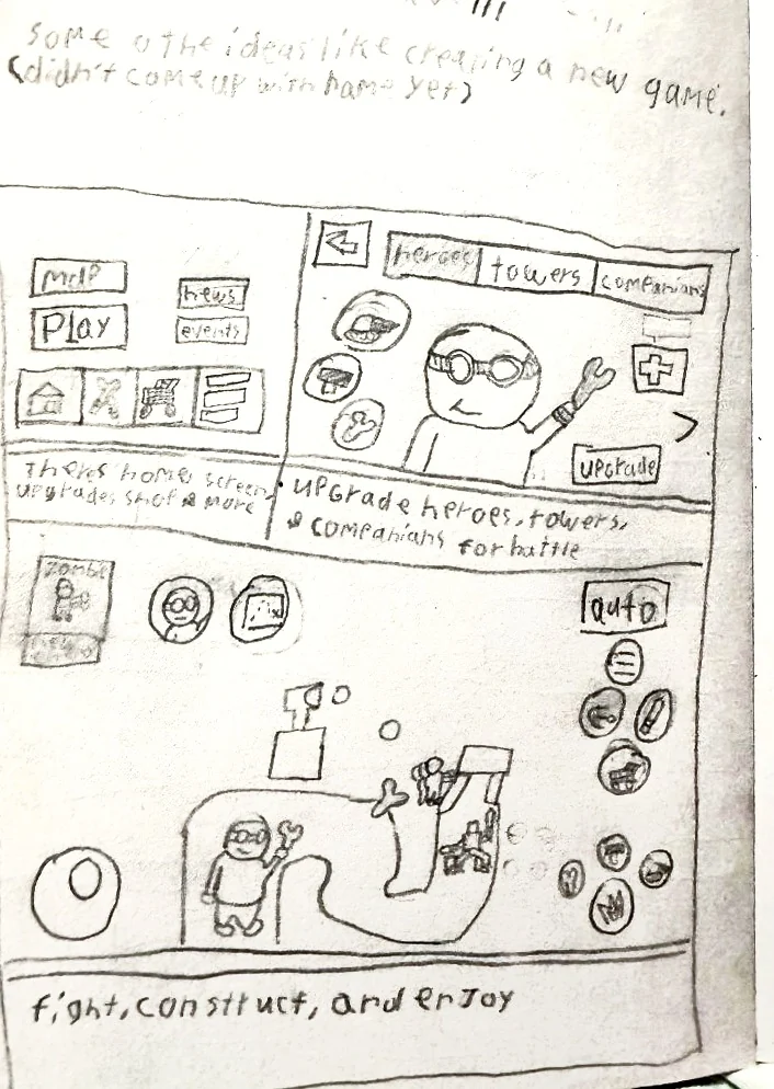 A page from Ki’s notebook: sketches for a new game with a home screen, upgrade menu, and a battle map. He wrote that he hasn’t named it yet.